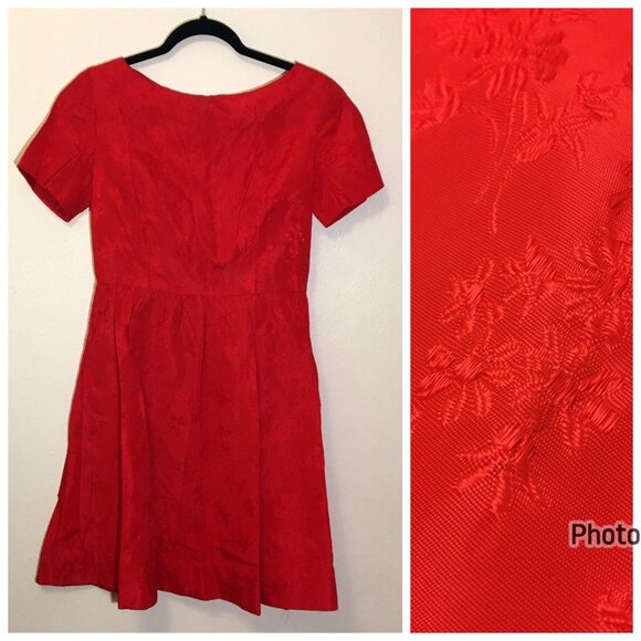 Vintage 50s Red Brocade Cocktail Party Dress Christmas Holidays MCM (IB) - Picture 1 of 16